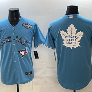Men's Toronto Blue Jays & Leafs Blue 2025 World Series With White Leafs Logo Cool Base Stitched Baseball Jersey