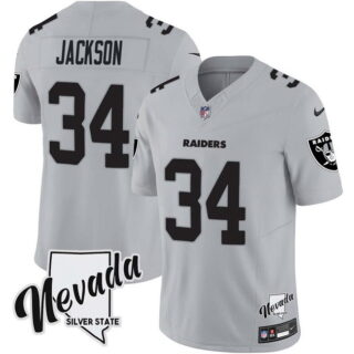 Men's Las Vegas Raiders #34 Bo Jackson Grey F.U.S.E With Nevada Silver Stat Patch Vapor Stitched Football Jersey