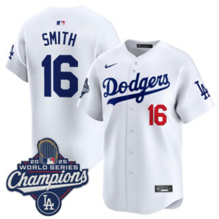 Men's Los Angeles Dodgers #16 Will Smith White 2025 World Series Champions Patch Home Limited Stitched Baseball Jersey