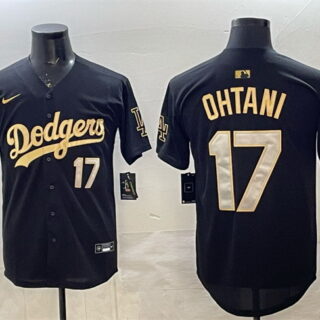 Men's Los Angeles Dodgers #17 Shohei Ohtani Black Gold 2025 Back to Back Champions Patch Limited Stitched Baseball Jersey