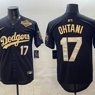 Men's Los Angeles Dodgers #17 Shohei Ohtani Black Gold 2025 World Series Patch Limited Stitched Baseball Jersey