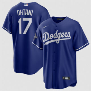 Men's Los Angeles Dodgers #17 Shohei Ohtani Blue 2025 World Series Champions Patch Cool Base Stitched Baseball Jersey