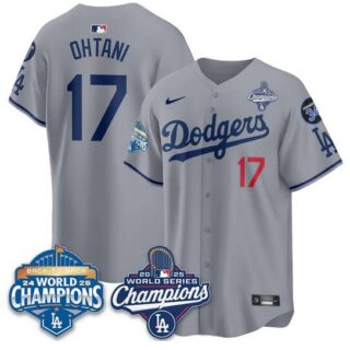 Men's Los Angeles Dodgers #17 Shohei Ohtani Grey 2025 World Series Champions & Back to Back Champions With No.34 Patch Limited Stitched Baseball Jersey