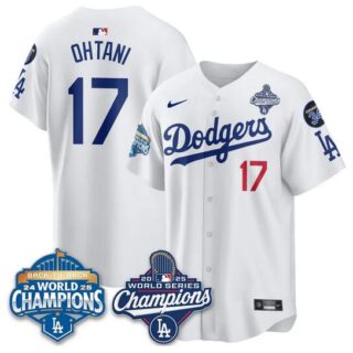 Men's Los Angeles Dodgers #17 Shohei Ohtani White 2025 World Series Champions & Back to Back Champions With No.34 Patch Limited Stitched Baseball Jersey