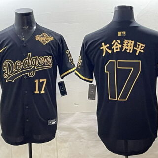 Men's Los Angeles Dodgers #17 Shohei Ohtani Black Gold 2025 World Series Patch Limited Stitched Baseball Jersey