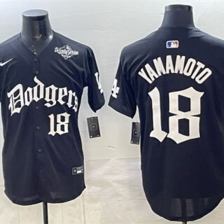 Men's Los Angeles Dodgers #18 Yoshinobu Yamamoto Black 2025 LA Gothic Style With 2025 World Series Patch Vapor Premier Limited Stitched Baseball Jersey
