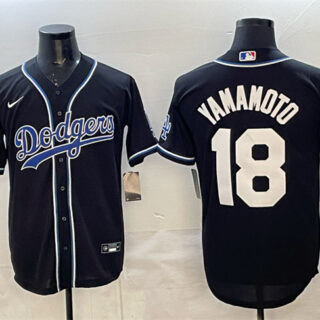 Men's Los Angeles Dodgers #18 Yoshinobu Yamamoto Black 2025 World Series Champions Patch Cool Base Stitched Baseball Jersey