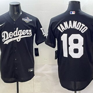 Men's Los Angeles Dodgers #18 Yoshinobu Yamamoto Black 2025 World Series Patch Cool Base Stitched Baseball Jersey