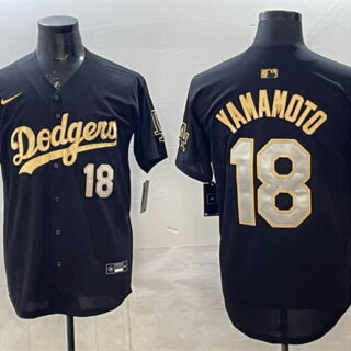 Men's Los Angeles Dodgers #18 Yoshinobu Yamamoto Black Gold 2025 Back to Back Champions Patch Limited Stitched ebjerseys.com Baseball Jersey