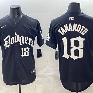Men's Los Angeles Dodgers #18 Yoshinobu Yamamoto Black LA Gothic Style With 2025 World Series Champions Patch Vapor Premier Limited Stitched Baseball Jersey