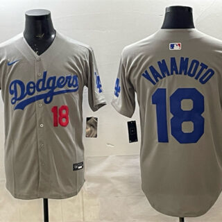 Men's Los Angeles Dodgers #18 Yoshinobu Yamamoto Grey 2025 World Series Champions Patch Limited Stitched Baseball Jersey