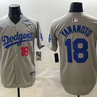 Men's Los Angeles Dodgers #18 Yoshinobu Yamamoto Grey 2025 World Series Patch Limited Stitched Baseball Jersey