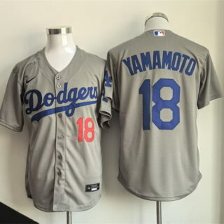 Men's Los Angeles Dodgers #18 Yoshinobu Yamamoto Grey Cool Base Stitched Baseball Jersey