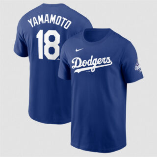 Men's Los Angeles Dodgers #18 Yoshinobu Yamamoto Royal 2025 World Series Champions Name & Number T-Shirt