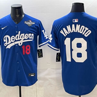 Men's Los Angeles Dodgers #18 Yoshinobu Yamamoto Royal 2025 World Series Patch Limited Stitched Baseball Jersey