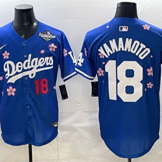 Men's Los Angeles Dodgers #18 Yoshinobu Yamamoto Royal 2025 World Series Patch Tokyo Series Limited Stitched Baseball Jersey