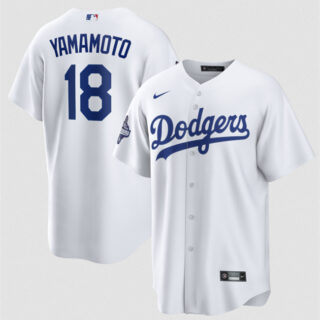 Men's Los Angeles Dodgers #18 Yoshinobu Yamamoto White 2025 World Series Champions Patch Cool Base Stitched Baseball Jersey