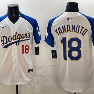 Men's Los Angeles Dodgers #18 Yoshinobu Yamamoto White Royal 2025 World Series Patch Limited Stitched Baseball Jersey