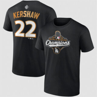Men's Los Angeles Dodgers #22 Clayton Kershaw Black 2025 World Series Champions Name & Number T-Shirt