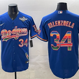 Men's Los Angeles Dodgers #34 Fernando Valenzuela Royal Mexico California Patch 2025 World Series Patch Stitched Baseball Jersey