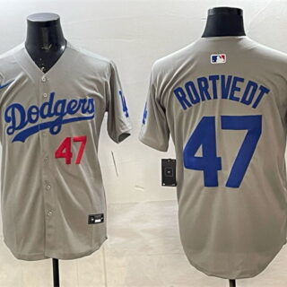 Men's Los Angeles Dodgers #47 Ben Rortvedt Grey 2025 World Series Champions Patch Limited Stitched Baseball Jersey
