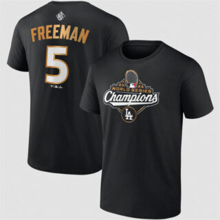 Men's Los Angeles Dodgers #5 Freddie Freeman Black 2025 World Series Champions Name & Number T-Shirt