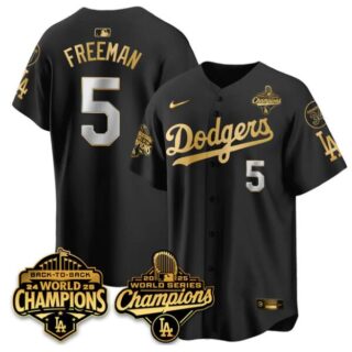 Men's Los Angeles Dodgers #5 Freddie Freeman Black Gold 2025 World Series Champions & Back to Back Champions With No.34 Patch Limited Stitched Baseball Jersey