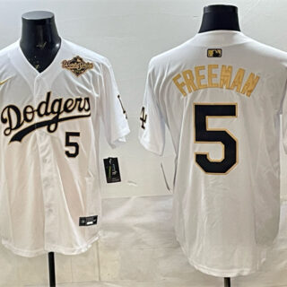 Men's Los Angeles Dodgers #5 Freddie Freeman White Gold 2025 World Series Limited Stitched Baseball Jersey