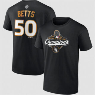 Men's Los Angeles Dodgers #50 Mookie Betts Black 2025 World Series Champions Name & Number T-Shirt