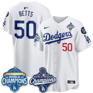 Men's Los Angeles Dodgers #50 Mookie Betts White 2025 World Series Champions & Back to Back Champions With No.34 Patch Limited Stitched Baseball Jersey
