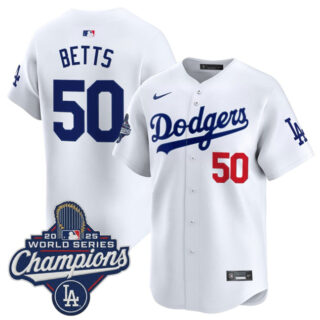 Men's Los Angeles Dodgers #50 Mookie Betts White 2025 World Series Champions Patch Home Limited Stitched Baseball Jersey
