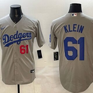 Men's Los Angeles Dodgers #61 Will Klein Grey 2025 World Series Champions Patch Cool Base Stitched Baseball Jersey