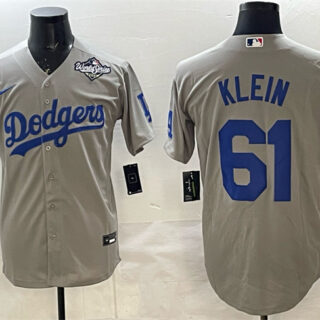 Men's Los Angeles Dodgers #61 Will Klein Grey 2025 World Series Patch Cool Base Stitched Baseball Jersey