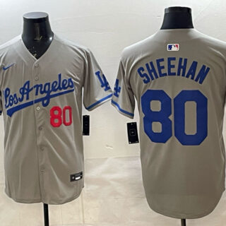 Men's Los Angeles Dodgers #80 Emmet Sheehan Grey 2025 World Series Champions Patch Limited Stitched Baseball Jersey