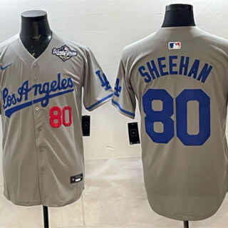 Men's Los Angeles Dodgers #80 Emmet Sheehan Grey 2025 World Series Patch Limited Stitched Baseball Jersey