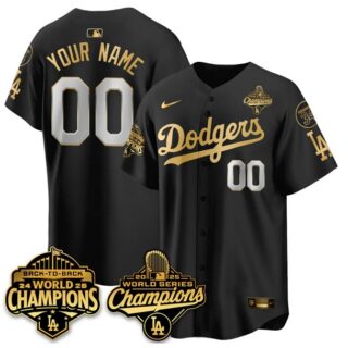 Men's Los Angeles Dodgers Active Player Custom Black Gold 2025 World Series Champions & Back to Back Champions With No.34 Patch Limited Stitched Baseball Jersey