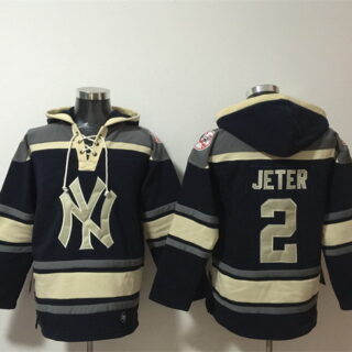 Men's New York Yankees #2 Derek Jeter Navy Ageless Must-Have Lace-Up Pullover Hoodie