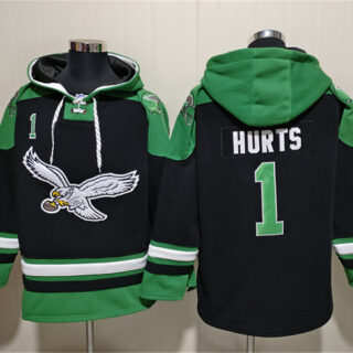 Men's Philadelphia Eagles #1 Jalen Hurts Black Ageless Must-Have Lace-Up Pullover Hoodie
