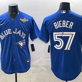 Men's Toronto Blue Jays #57 Shane Bieber Royal 2025 World Series Cool Base Stitched Baseball Jersey