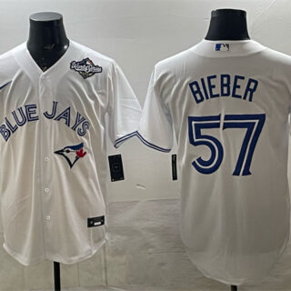Men's Toronto Blue Jays #57 Shane Bieber White 2025 World Series Home Cool Base Stitched Baseball Jersey