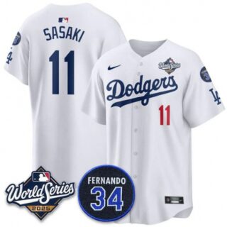 Men's Los Angeles Dodgers #11 Roki Sasaki White 2025 World Series With No. 34 Limited Stitched Jersey