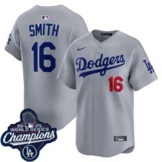 Men's Los Angeles Dodgers #16 Will Smith Cool Base 2025 World Champions Stitched Baseball Jersey Gray