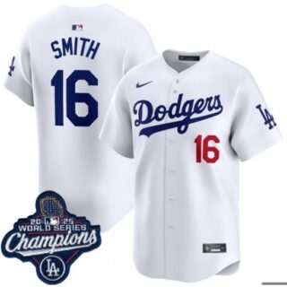 Men's Los Angeles Dodgers #16 Will Smith Cool Base 2025 World Champions Stitched Baseball Jersey White