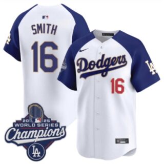 Men's Los Angeles Dodgers #16 Will Smith White Blue 2025 Champions Stitched Baseball Jersey