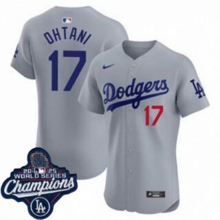 Men's Los Angeles Dodgers #17 Shohei Ohtani Cool Base 2025 World Champions Stitched Baseball Jersey Gray