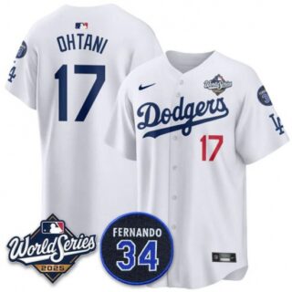 Men's Los Angeles Dodgers #17 Shohei Ohtani White 2025 World Series With No. 34 Limited Stitched Jersey