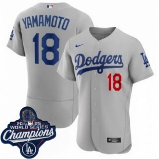 Men's Los Angeles Dodgers #18 Yoshinobu Yamamoto Cool Base 2025 World Champions Stitched Baseball Jersey Gray
