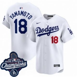 Men's Los Angeles Dodgers #18 Yoshinobu Yamamoto Cool Base 2025 World Champions Stitched Baseball Jersey White