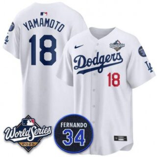 Men's Los Angeles Dodgers #18 Yoshinobu Yamamoto White 2025 World Series With No. 34 Limited Stitched Jersey