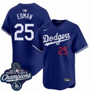 Men's Los Angeles Dodgers #25 Tommy Edman Cool Base 2025 World Champions Stitched Baseball Jersey Blue